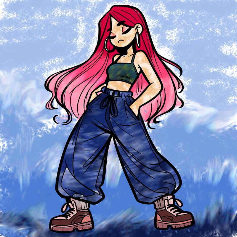 girl in baggy pants crop top and long hair