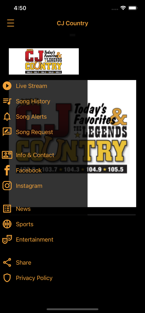 CJ Country mobile app navigation menu showing live stream and news options