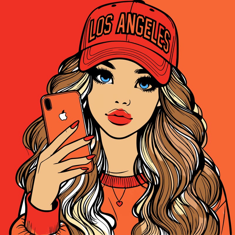 realistic beautiful girl wearing los ángeles cap holding an iphone