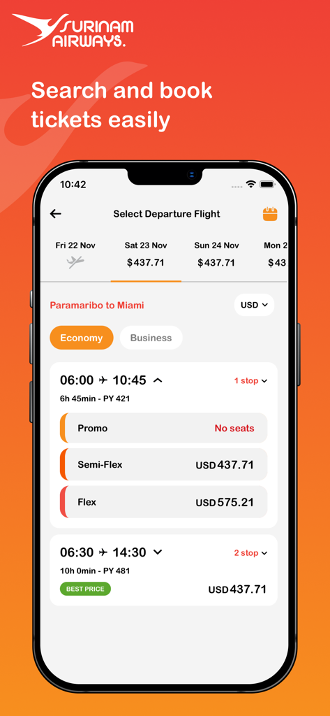 FlySLM - Surinam Airways FlySLM app interface for searching and booking flights from Paramaribo to Miami