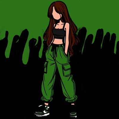 girl in baggy pants crop top and long hair