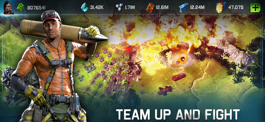 War Planet Online: MMO Battle - A commander in front of a tactical world map with explosions and military units in War Planet Online