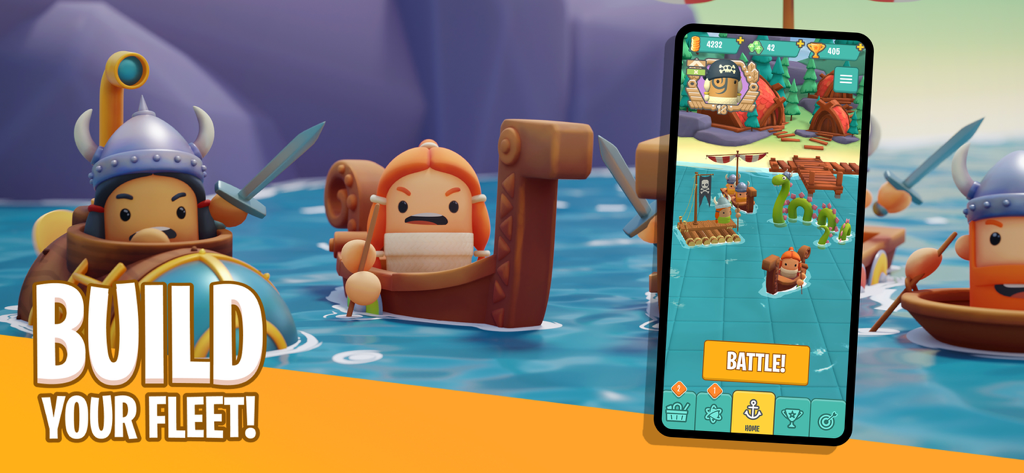 BattleTabs io mobile game screen showing stylized Viking characters and fleet building interface