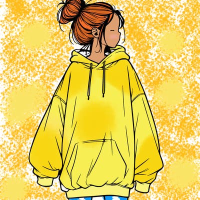 realistic girl with a oversized sweatshirt on and a bun