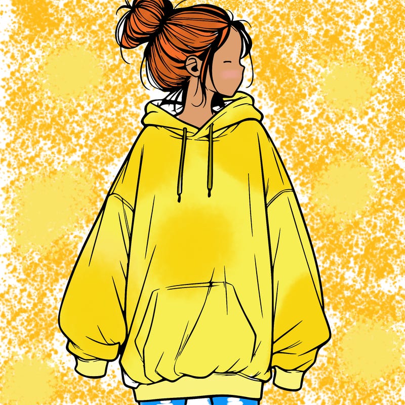 realistic girl with a oversized sweatshirt on and a bun