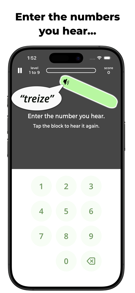 Languish: French Numbers - Pantalla móvil que muestra un desafío de escucha de números en francés con un teclado numérico.