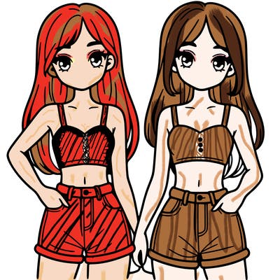 two sisters with crop tops and jean shorts and straight hair