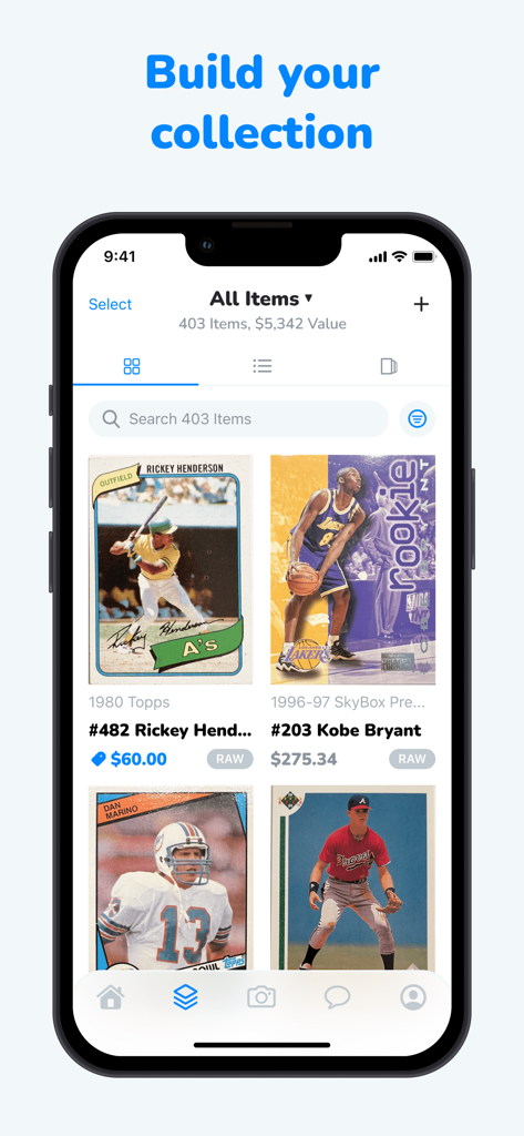 Mobile app screen of CollX showing a digital collection of sports cards with their market values