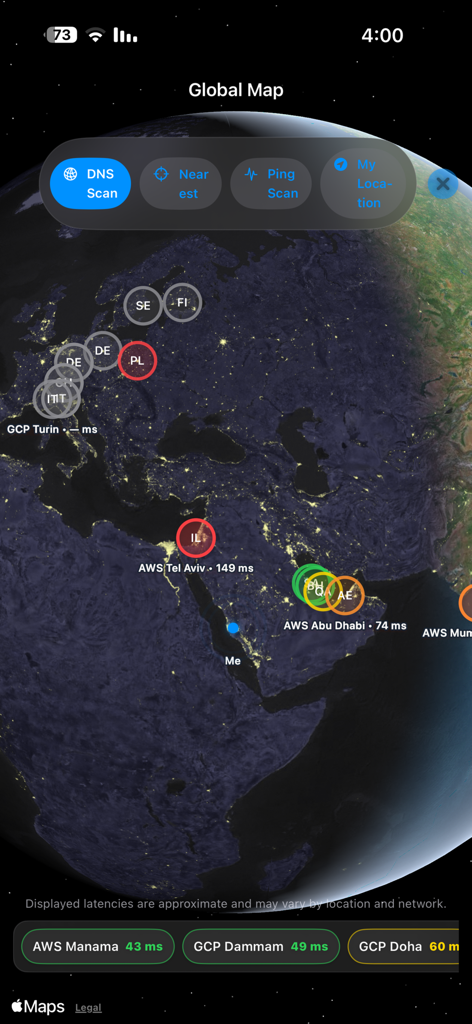 MY Ping app interface displaying a 3D world map with server latency markers