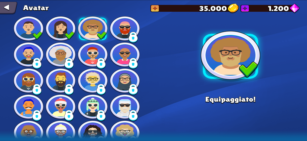 Avanti L'Altro Quiz - Avatar selection menu in Avanti Laltro Quiz showing various character icons and an equipped character