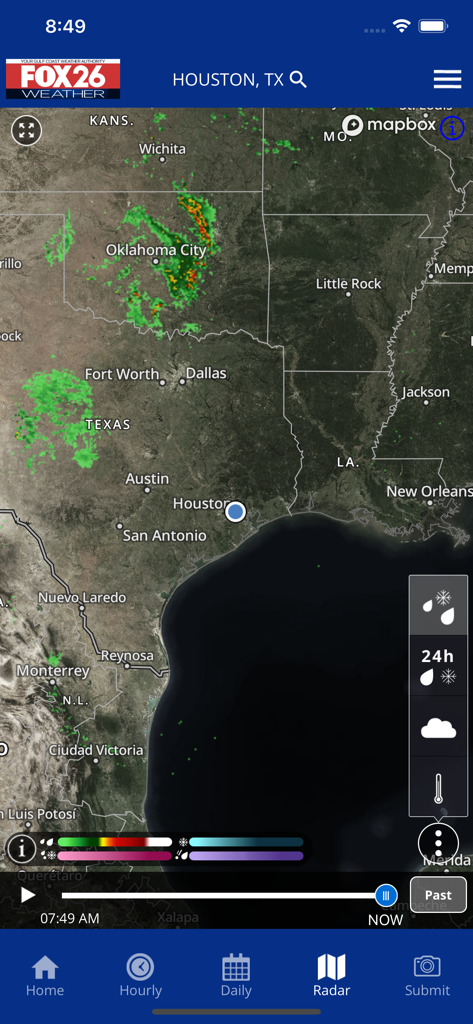 Fox 26 Houston Weather – Radar - Aplicación Fox 26 Houston Weather mostrando radar interactivo con tormentas sobre Texas
