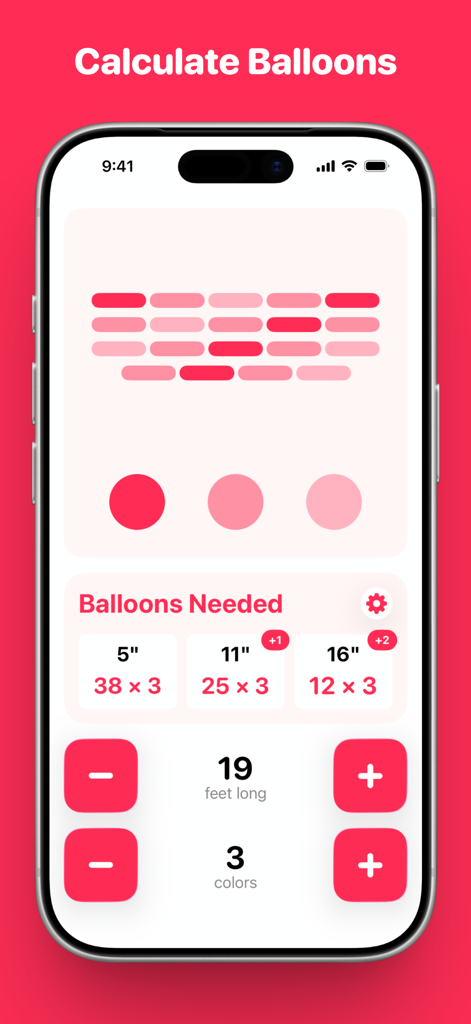Balloon Calculator - Interfaz de la aplicación Calculadora de Globos que muestra cálculos para una guirnalda de 19 pies con tres colores