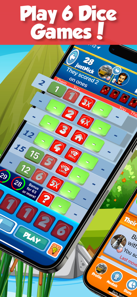 Dice World: Farkle & Yatzy - A mobile screen showing a high contrast dice game interface with a scorecard and colorful action buttons