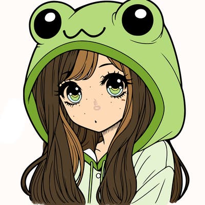 a pretty girl wearing a frog hoodie portrait with long hair