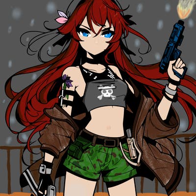 bad girl wearing crop top holding a gun long hair anime