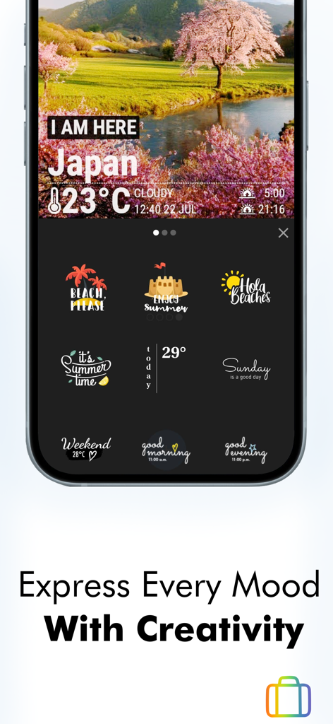 Weathershot - Instaweather - Weathershot app interface showing a scenic photo of Japan with weather data and creative text stickers