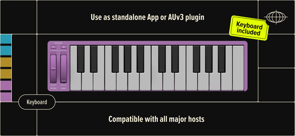 BA-1 - Baby Audio - BA-1 Synthesizer-Tastaturoberfläche, die die Standalone- und AUv3-Plugin-Kompatibilität anzeigt