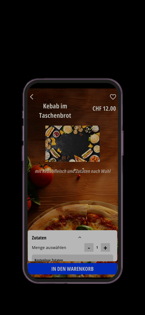Subito Pizza Kurier mobile App-Oberfläche zeigt die Bestellseite für ein Kebab im Taschenbrot mit Schaltfläche zum Hinzufügen zum Warenkorb.