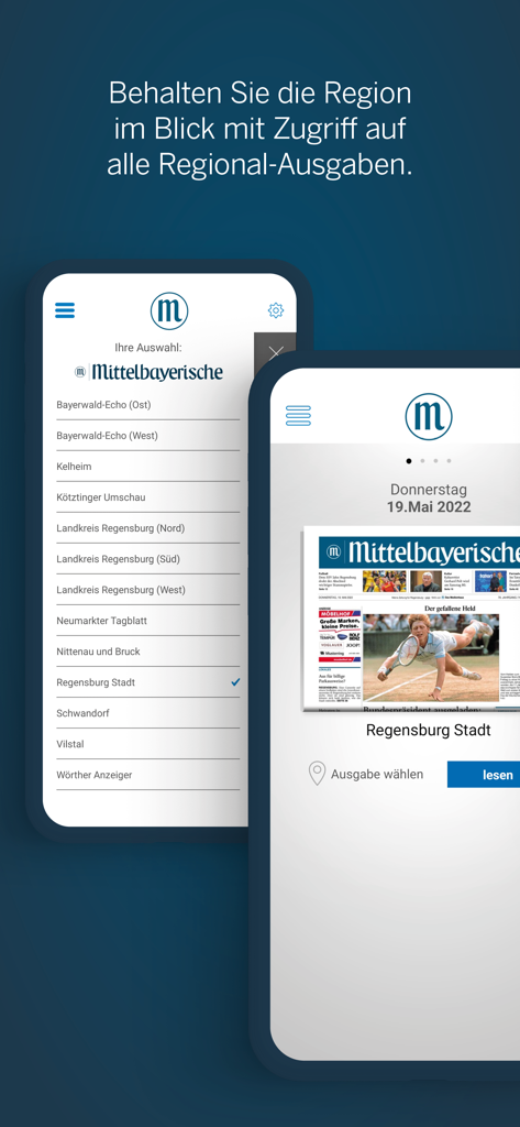 Oberfläche der Mittelbayerische ePaper Mobil-App, die verschiedene bayerische Regionalausgaben und das digitale Zeitungsformat anzeigt.