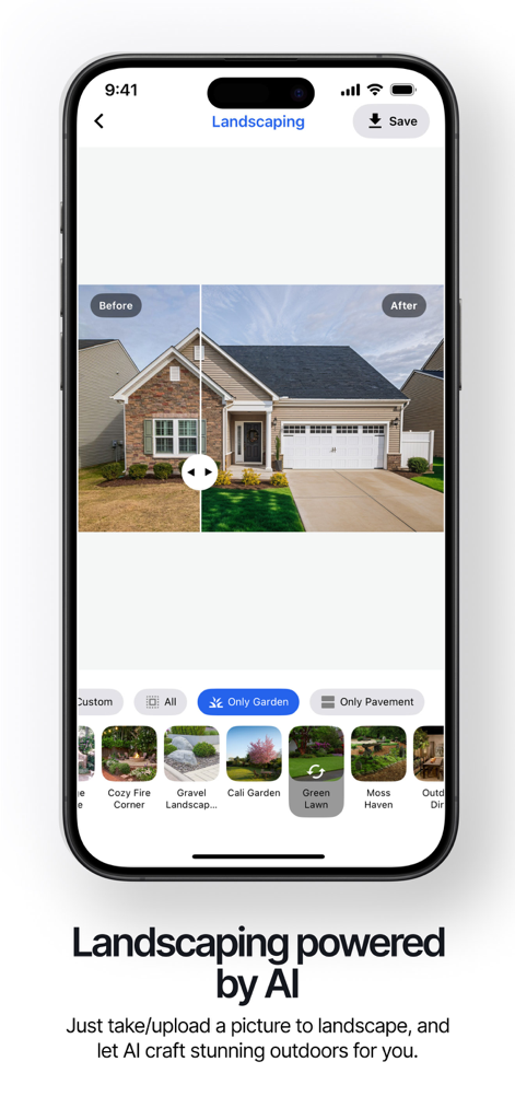 Renovate AI - Home Design - Smartphone mostrando transformação de paisagismo com IA antes e depois do gramado de uma casa