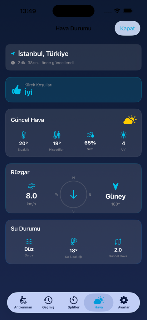 Rowing Track app interface displaying weather wind and water conditions for rowing