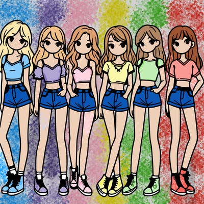 a group of girls wearing crop tops and shorts