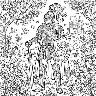 Journey into a magical world where a brave knight stands guard amidst the beauty of spring. This intricate coloring page invites you to bring a heroic fantasy scene to life with your favorite colors.