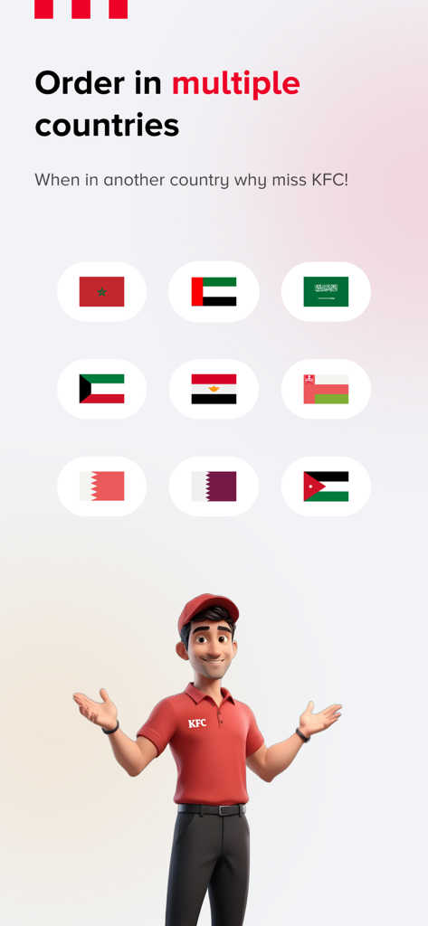 KFC Morocco | KFC Maroc - Écran de l'application KFC montrant la disponibilité des commandes dans plusieurs pays de la région MENA avec des drapeaux de pays et un personnage de livraison.
