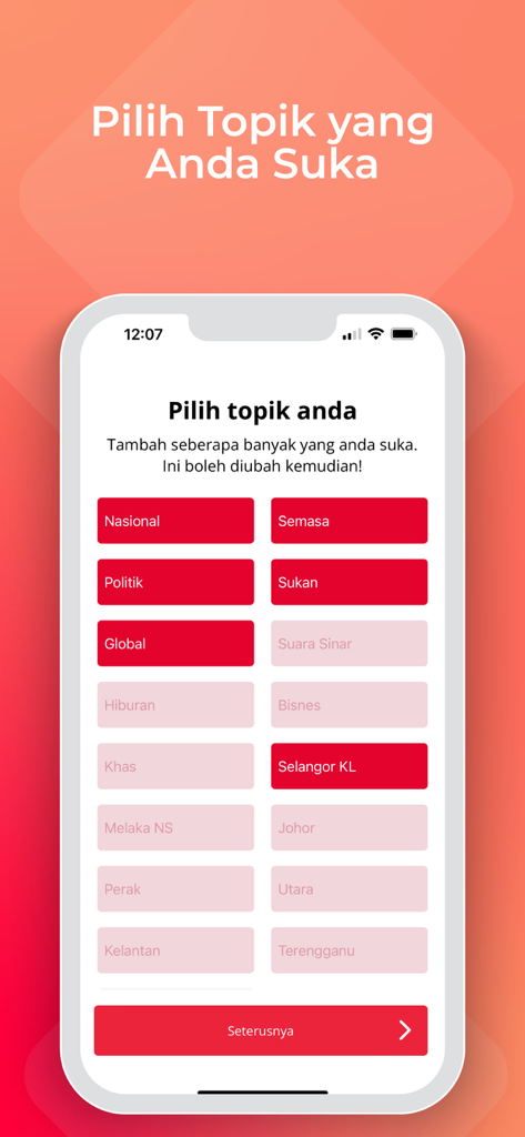 Sinar Harian news app topic selection screen showing various news categories in Malay