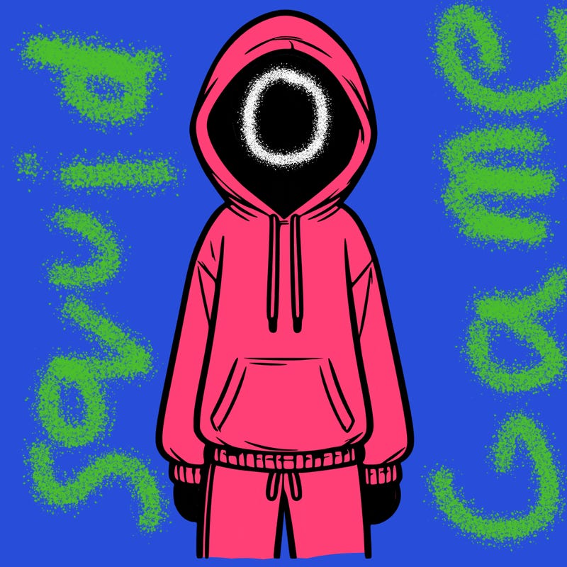 faceless girl in a tracksuit with a hood on and no hair