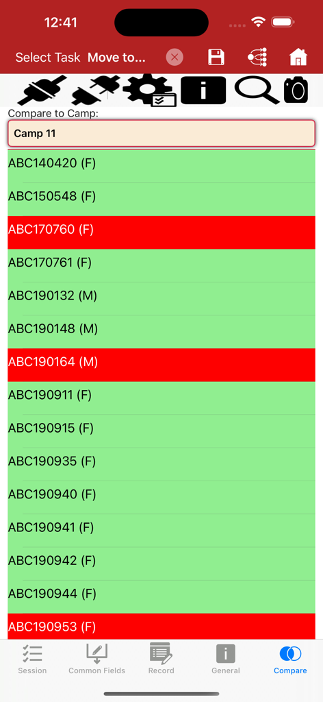 BenguFarm Mobile livestock management app interface showing an animal list color-coded for camp comparison