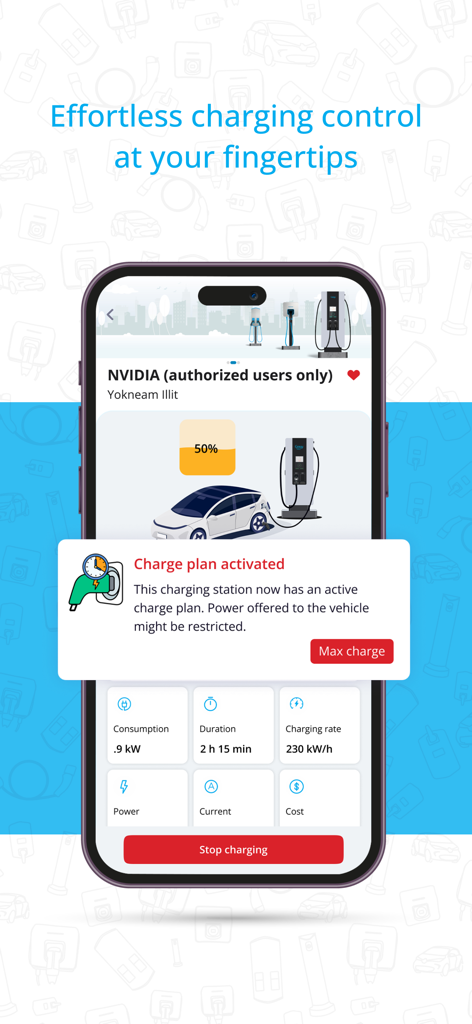 Mobile screen of Gnrgy Go app displaying real-time EV charging status and consumption data