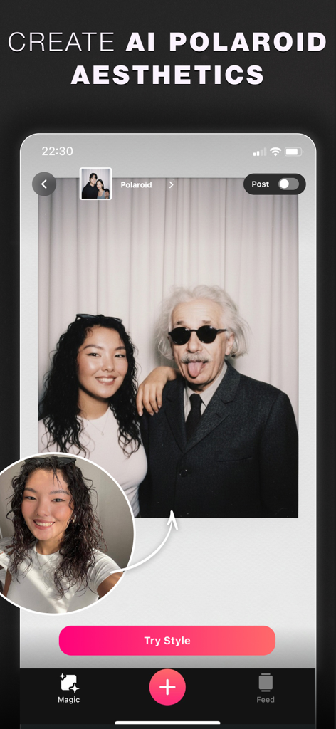 Glam AI: Video & Photo Editor - Glam AI App-Oberfläche, die einen Benutzer zeigt, der ein benutzerdefiniertes KI-Polaroidfoto mit einer Berühmtheit erstellt