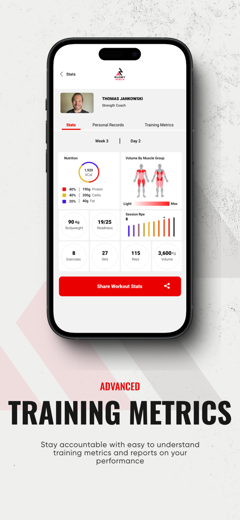 Rugby Muscle Training App - Advanced training metrics dashboard in the Rugby Muscle app displaying workout stats and nutrition tracking