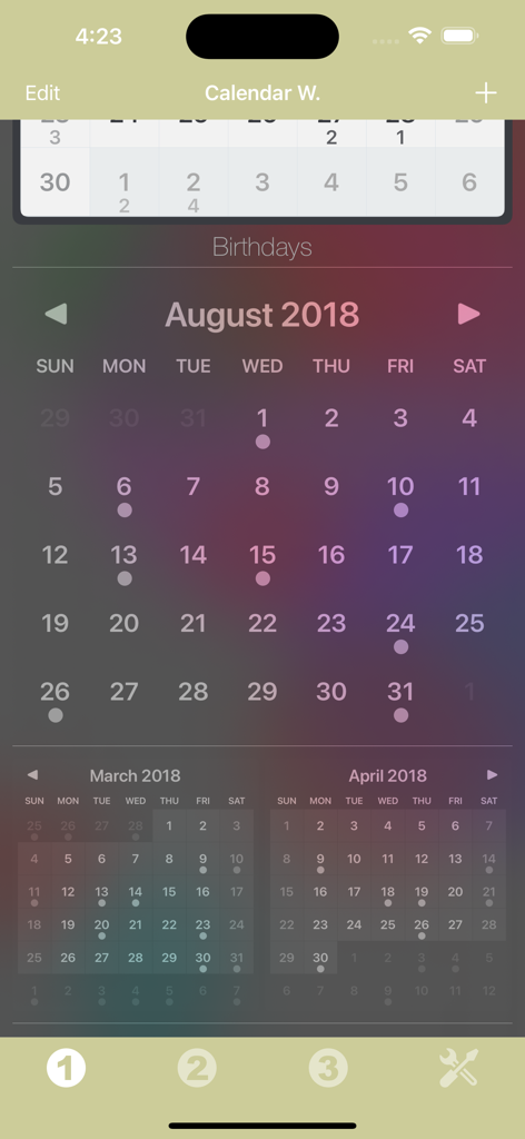 Calendar Widget - Un widget calendario che mostra una panoramica mensile per agosto 2018 con uno sfondo sfumato colorato e piccole viste multi-mese sottostanti.