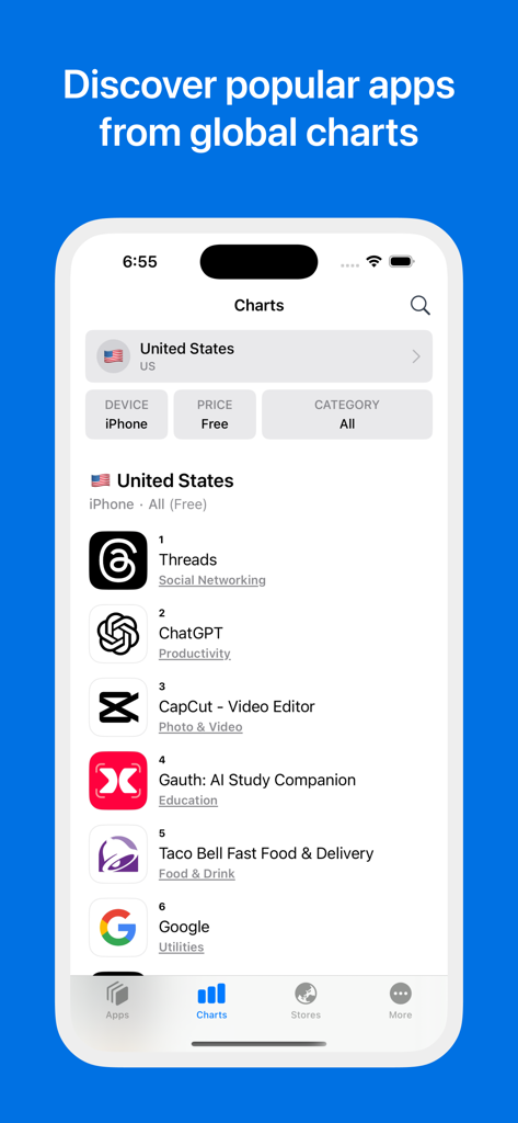 Appboard: Global App Rankings - Appboard app screen displaying top free app rankings for the United States App Store