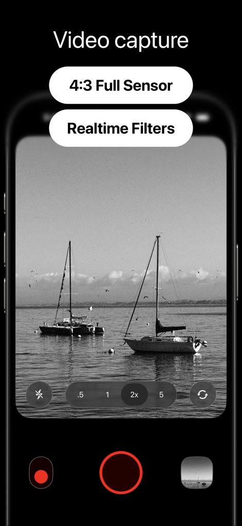 West - Photo & Video Editor - West app interface showing video capture with realtime filters and four three aspect ratio.