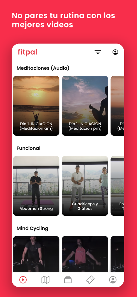 Fitpal. - Interfaz de la aplicación Fitpal que muestra una variedad de videos de meditación y entrenamientos de fitness