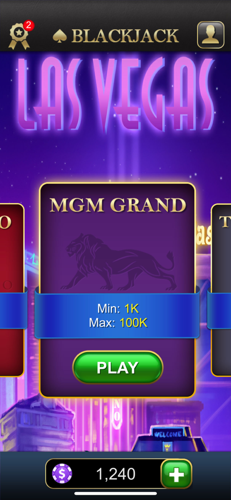 Menu du jeu Blackjack Classique montrant la sélection de la table MGM Grand avec les limites de mise dans un thème Las Vegas