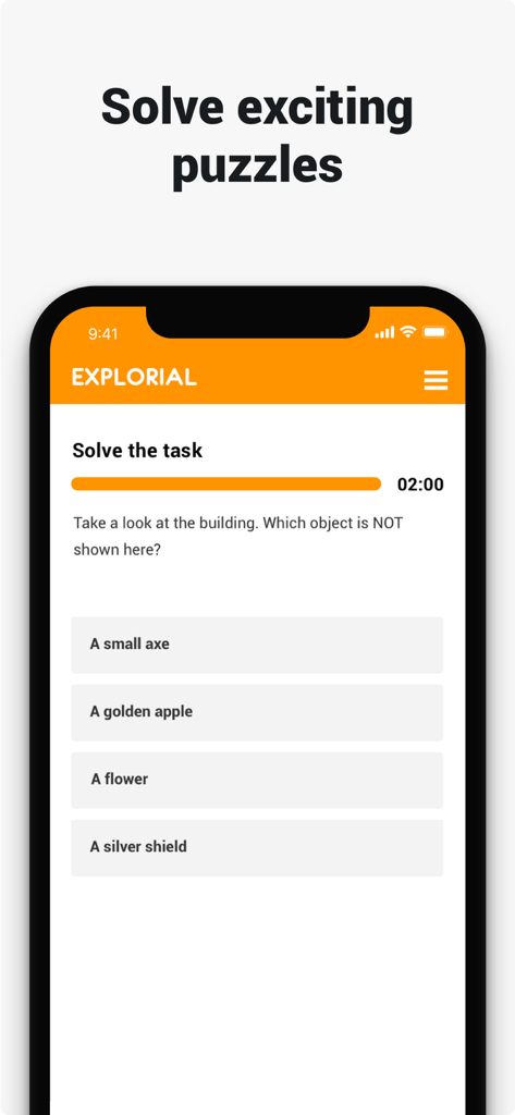 Explorial - Explorial app interface showing a multiple choice puzzle task to solve during a city walking tour