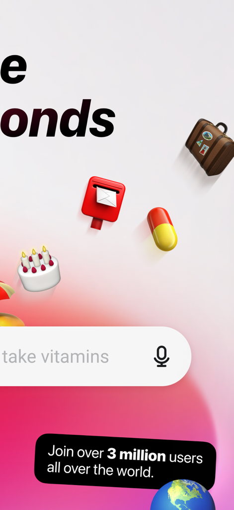 Oberfläche der Toki AI Kalender App mit einer Sprachbefehlseingabeleiste und lebendigen 3D-Symbolen, die Reisen, Gesundheit und tägliche Aufgaben darstellen.