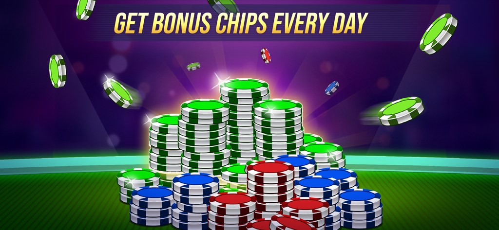Texas Hold'em Poker Online - Mazzi di fiches da poker colorate su un tavolo con la scritta 'Ottieni Fiches Bonus Ogni Giorno'
