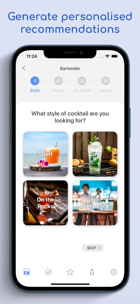 Una schermata dell'app mobile per FreeFlow che mostra un quiz di selezione dello stile di cocktail per raccomandazioni personalizzate.