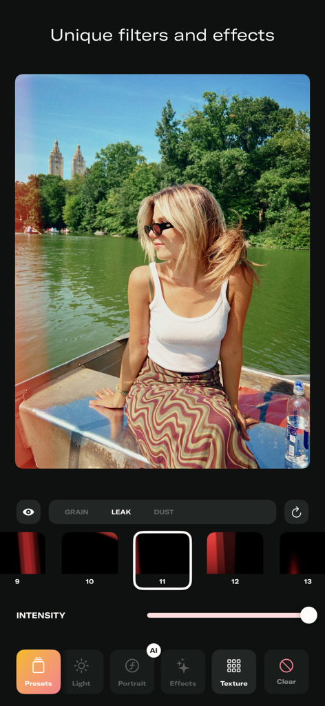 DAZE CAM app interface showing a vintage light leak filter applied to a photo of a woman on a boat.