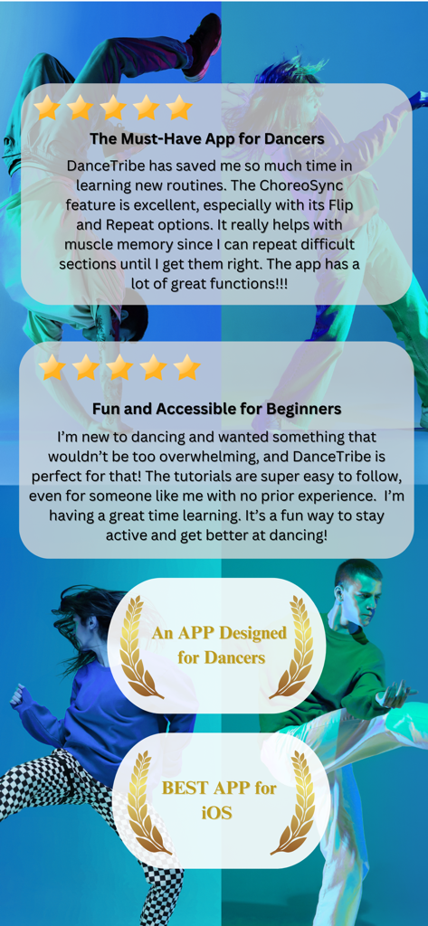 User reviews with five star ratings and excellence awards for the DanceTribe iOS app.