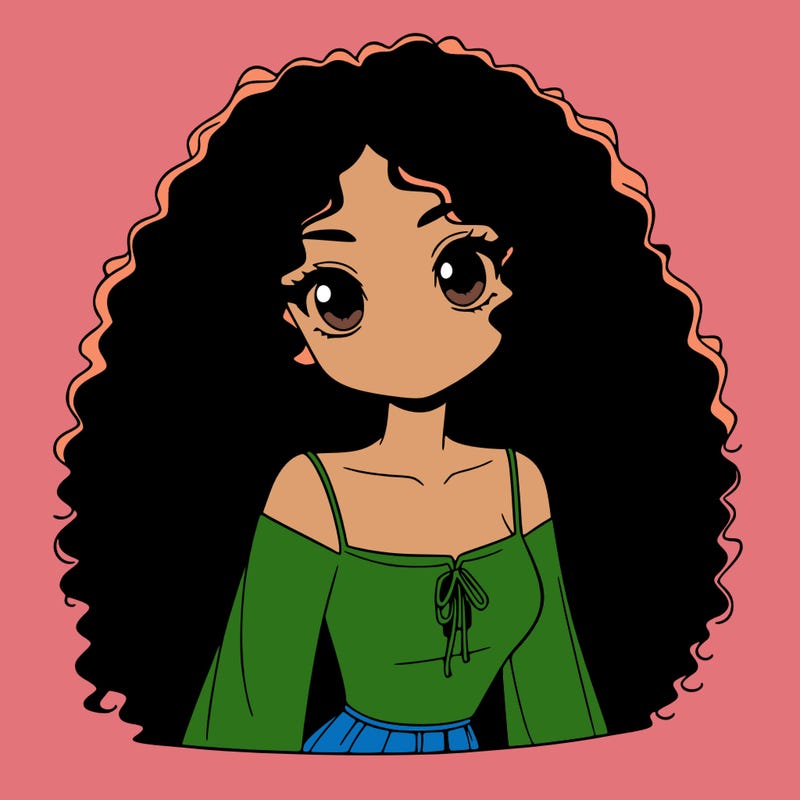 a black anime girl with long afro hair