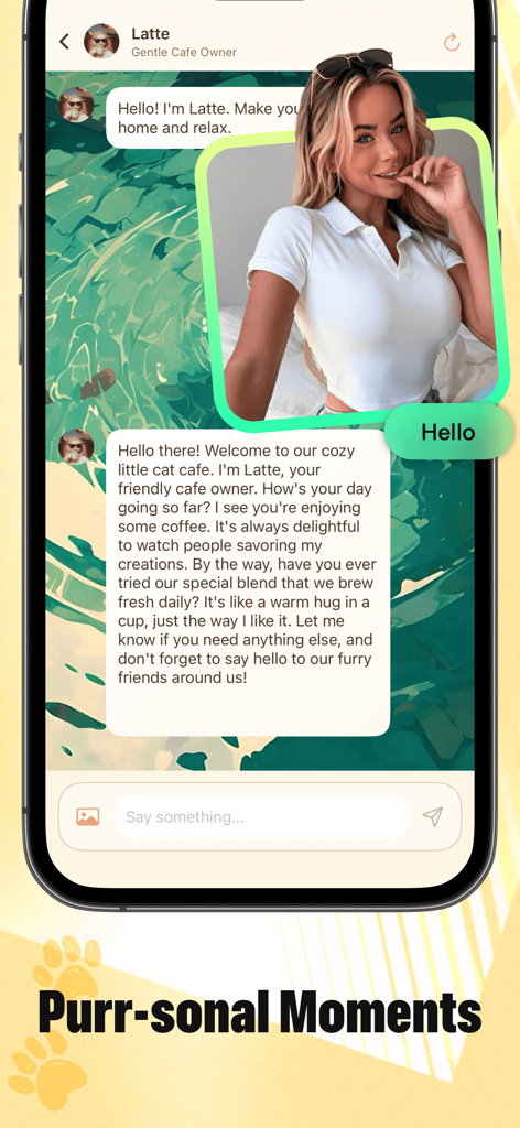 Glph - Eine Chat-Oberfläche in der Glph-App mit einer Unterhaltung mit einer KI-Figur namens Latte in einem gemütlichen Katzen-Café-Setting.