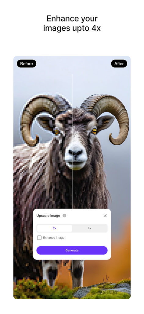 Uma comparação lado a lado mostrando uma imagem pixelizada versus uma imagem nítida aprimorada por IA de um carneiro ampliado em quatro vezes.