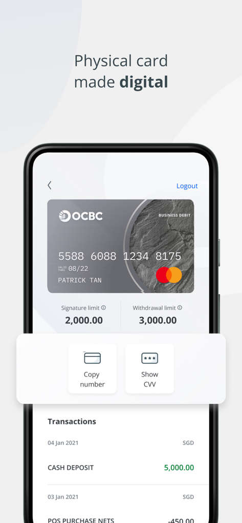 OCBC Business - Interface of the OCBC Business app displaying a digital version of a business debit card with management features like copy number and show CVV.