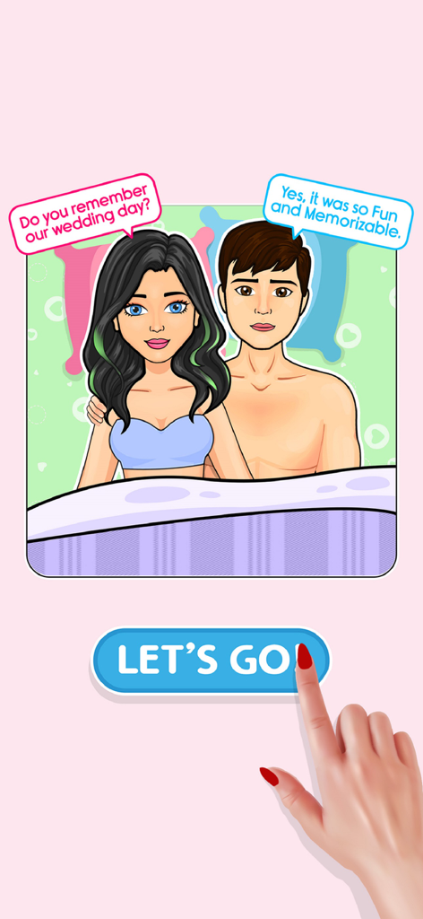 Paper Doll: Doll Dress Up Game - A cartoon couple in bed discussing their wedding day in the Paper Doll dress up game